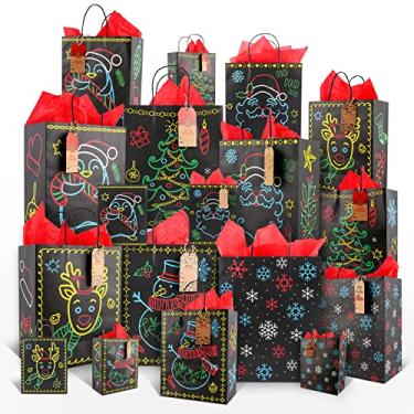 Imagem de Saco de que brilha no escuro, 36 peças incluem 18 sacos de papel preto kraft de 3 tamanhos diferentes e 18 papéis de embrulho vermelhos, sacos de s criativos para festas e decorações de Natal