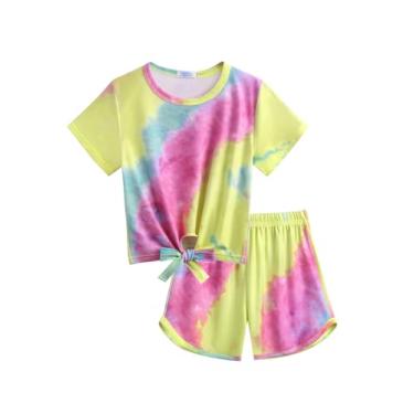 Imagem de Arshiner Conjunto de shorts de verão para meninas, 2 peças, conjunto de camiseta e shorts esportivos tie dye com estampa floral, Rosa, amarelo e azul, 7-8 Anos