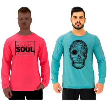 Imagem de Kit 2 Camisetas Manga Longa Masculina MXD Conceito Básico Peça Estampada Cores Diversas Academia-Masculino