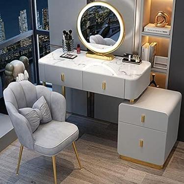 Imagem de Conjunto de penteadeira e banco de maquiagem, penteadeira com espelho de luzes LED, brilho ajustável, penteadeira com gavetas, móveis de quarto, para mulheres e meninas, cinza + dourado, 100