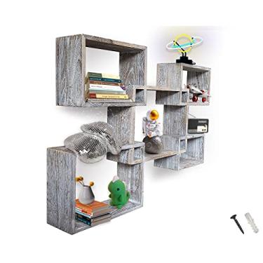 Imagem de Prateleiras flutuantes quadradas montadas na parede rústicas – Conjunto de 5 prateleiras quadradas para banheiro, quarto, sala de estar e mais – Parafusos e âncoras incluídos – Exibição de decoração de parede para casa – Branco envelhecido