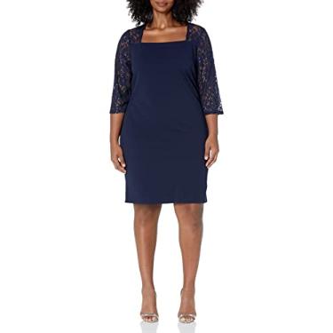 Imagem de S.L. Fashions Vestido feminino plus size de manga curta para sair à noite, Manga de renda azul-marinho, 52