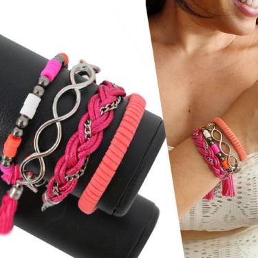 Imagem de Mix C/03 Pulseiras Feminina + Bracelete Fashion Rosa Moda Style - GRAN