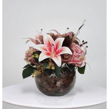 Imagem de Arranjo de flores rosas com lírios  artificiais no vaso - La Caza Stor