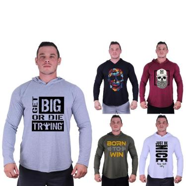 Imagem de Kit 5 Camisetas Manga Longa com Touca Longline Estampada Treino Academia Lazer Casual-Masculino