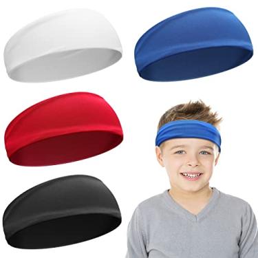 Imagem de 4 peças faixas de cabelo esportivas para crianças faixas de transpiração atléticas faixa de cabelo absorvente elástica para meninas e meninos crianças pequenas (preto, branco, azul, vermelho)