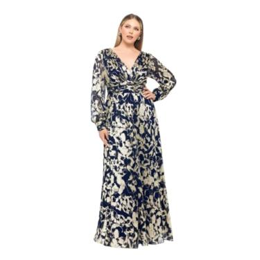 Imagem de Betsy & Adam Vestido feminino plus size metálico com manga longa de malha, Azul-marinho/dourado, 48