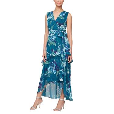 Imagem de S.L. Fashions Maxi feminino com estampa floral e bainha alta e camadas assimétricas, festa de verão, vestido de convidada de casamento, Azul petróleo/multi, 40