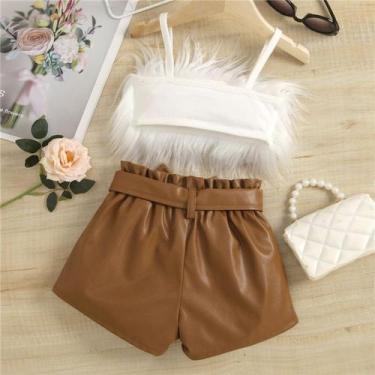 Imagem de Conjunto Top com Plumas e Short de Couro Menina Moda Casual Verão Blog