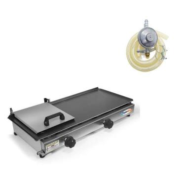 Imagem de Chapa De Lanche Hot Dog Com Prensa 30x60 Inox A Gás 2 Bocas Com Kit Gá