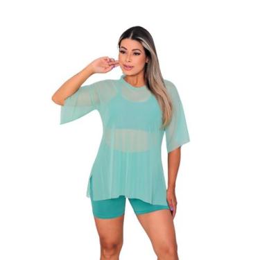 Imagem de Blusao Tule Feminina Manga Curta Fitness Academia Verde - Sunset Conce