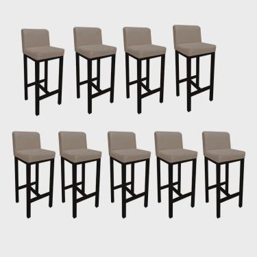 Imagem de Kit 09 Banqueta Alta Com Encosto Aila Cozinha Balcão Bistrô Base Madeira Preto Tecido Sintético Bege - Ahz Móveis