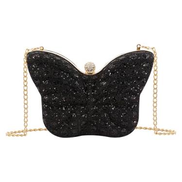 Imagem de Naimo Bolsa feminina borboleta clutch com glitter bolsa noturna mini bolsa de ombro brilhante com corrente, Strass preto, 7.4"W x 5.1"H x 2.3"D
