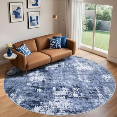 Imagem de Tapete redondo de 2,4 m para sala de estar - 20 x 20 cm lavável grande macio interior neutro moderno abstrato baixo tapete para quarto, sala de jantar, casa de fazenda, escritório em casa - azul