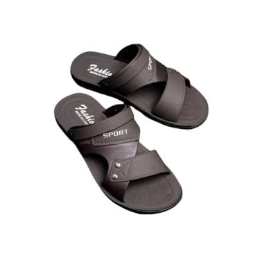 Imagem de GORGLITTER Sandálias masculinas de couro de praia com recortes e tachas, Cinza escuro, 41