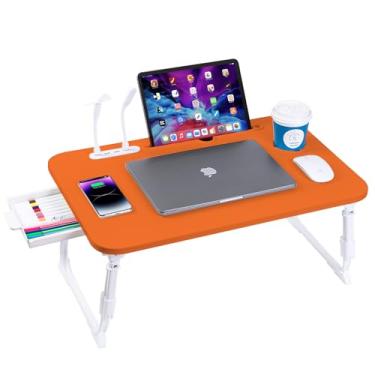 Imagem de Mesa de laptop para cama, mesa de cama de laptop ajustável em altura, suporte de mesa dobrável portátil com USB/gaveta de armazenamento/suporte de copo/slot, bandeja de café da manhã para trabalhar