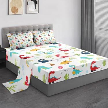 Imagem de Pamnest Jogo de lençol casal com desenho animado de dinossauro, 4 peças, decoração de quarto de crianças e adultos, lençol com elástico e 2 fronhas