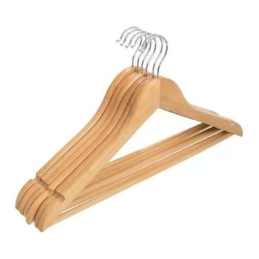 Imagem de Kit 3 Cabide De Madeira Adulto 45cm Marfim Envernizados Com Barra Antideslizante - Ideal Para Roupas, Calça, Camisas, Terno, Saia, blazer