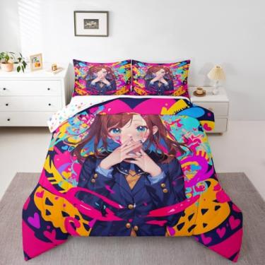 Imagem de Erosebridal Conjunto de cama casal anime anime japonês, 3 peças, para decoração de quarto de crianças, meninas, adolescentes, adultos, desenho animado kawaii, animação japonesa, conjunto de edredom