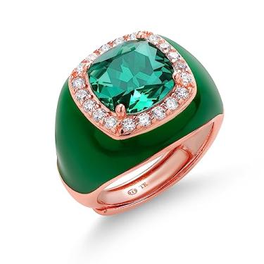 Imagem de Gem Stone King Feito na Itália 18K banhado a ouro rosa prata 10 mm simulado esmeralda e zircônia cúbica branca verde esmalte expansível anel ajustável para mulheres, Prata banhada a ouro rosa, vidro