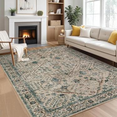 Imagem de Tapetes para sala de estar, 20 x 25,4 cm, macios, vintage, grande, neutro, para quarto, boho, casa de fazenda, antiderrapante, para sala de estar, sala de jantar, casa (bege/azul, 20 x 25 cm)