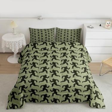 Imagem de Feelyou Conjunto de cama com pé grande, tamanho casal, para homens e mulheres, adolescentes, caça, orangotango, vintage, para meninos, caçadores, verde, preto, edredom selvagem, decoração de casa