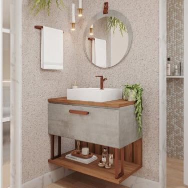Imagem de Gabinete Suspenso Banheiro 80cm com Cuba e Espelheira Lua Espresso Móveis Cimento