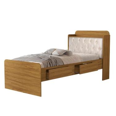 Imagem de Cama Tamires Baú 2 Gavetas Solteiro Com Capitonê Nature/Bege – VJ Móveis
