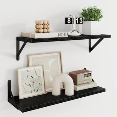 Imagem de Prateleiras de parede longas, 60 cm L x 20 cm D, conjunto de 2, prateleira de borda ampla com suportes de metal resistentes para sala de estar, banheiro, quarto e cozinha, preta
