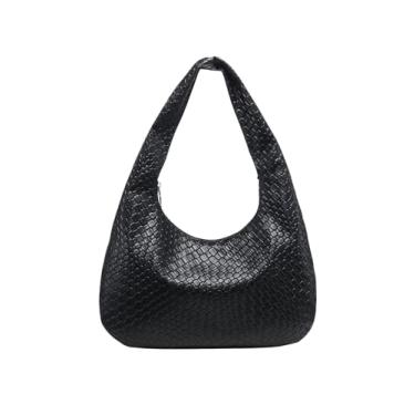 Imagem de OYOANGLE Bolsa De Couro Trançado Feminina, Vintage, Alça Superior, Ombro Texturizada, Hobo, Preta, Tamanho Único
