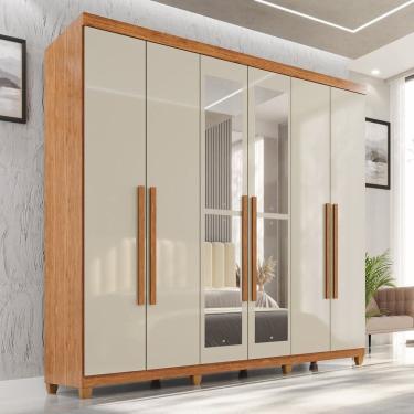 Imagem de Guarda-roupa Casal com Espelho 6 Portas 2 Gavetas com Pés 100% Mdf Nápoles Yescasa Cinamomo / Off White