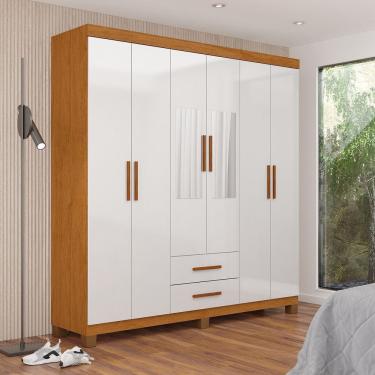 Imagem de Guarda-roupa 6 Portas 2 Gavetas com Espelho e Pés Aurora Cinamomo/Branco