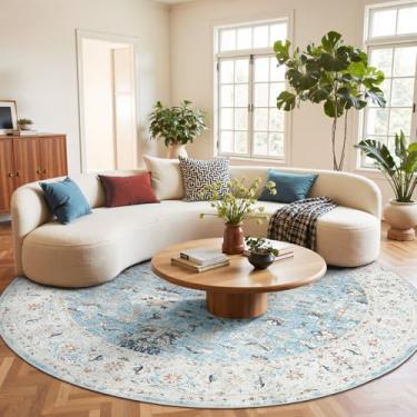 Imagem de jinchan Tapete redondo de 2,4 m – Lavável Boho Vintage Floral Círculo 2,5 m Capa de chão redonda leve de pilha baixa Tapete antiderrapante para cozinha, sala de estar, quarto, sala de jantar,