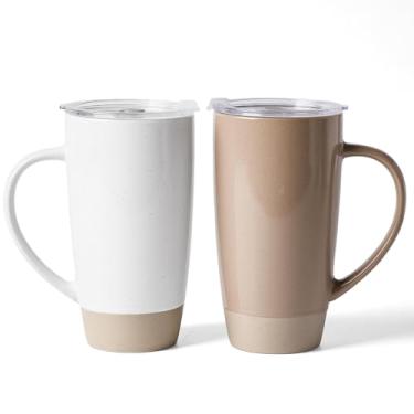 Imagem de famiware Canecas de café Milkyway, caneca de café grande de 590 ml, conjunto de 2 canecas de cerâmica com tampa, conjunto de copos com alça para latte, chá, cacau, leite, casa e escritório, branco e