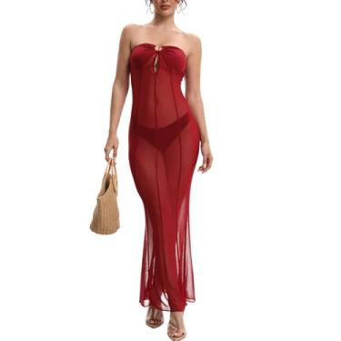 Imagem de LINNSUJH Vestidos de malha transparente para mulheres, borgonha, transparente, vestido maxi sexy, colado ao corpo, roupas de clube, sem alças, vestido de tubo com rabo de peixe, vestidos para festa à