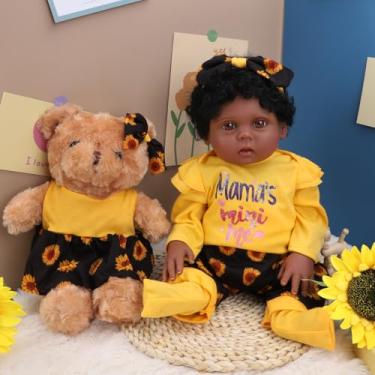 Imagem de Bebê Boneca Realista Reborn Silicone Menina Negra com Urso (48cm Cabelo Encaracolado Roupas Amarelas）