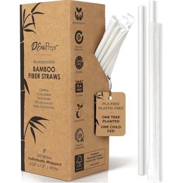 Imagem de EcoPreps Canudos biodegradáveis de fibra de bambu, canudos compostáveis embalados individualmente | 100 unidades, 100% sem plástico, canudo ecológico | Canudo descartável de fibra vegetal de 19 cm em