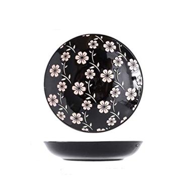 Imagem de Prato de serviço pratos redondos de sobremesa para salada de macarrão, preto sortido motivo prato de aperitivo, prato de jantar de cerâmica de 20 cm, seguro para micro-ondas. Pratos (Cor: B, Tamanho