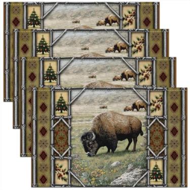 Imagem de Feelyou Conjunto de 4 jogos americanos Bison de 45,7 x 30,5 cm, tapete rústico para cozinha, mesa de jantar para crianças, meninos, meninas, vida selvagem, natureza, festa, decoração interna e externa