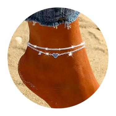 Imagem de Tornozeleira feminina banhada a ouro, prata, zircônia cúbica e pingente de coração, tornozeleiras delicadas em camadas, conjunto de tornozeleiras modernas para presentes, One Size, Liga de aço, Sem