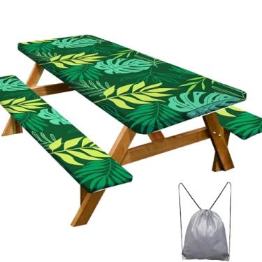Imagem de Toalha de mesa de piquenique com capas de banco, essencial para acampamento, impermeável, à prova de vento, com bolsa de cordão, mesas e assentos retangulares ajustados, 152 cm, verde escuro