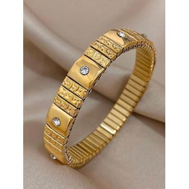 Imagem de Pulseiras elásticas de aço inoxidável banhadas a ouro para mulheres e homens com strass, elos modulares, ajustáveis, à prova d'água, joia punk, presente de aniversário para amigos, Medium, Liga de aço