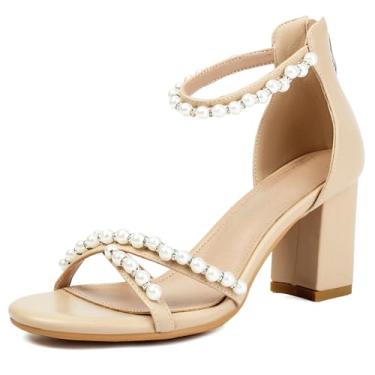 Imagem de Latasa Sandálias femininas elegantes de salto de pérola de 7,6 cm, salto grosso, tira no tornozelo, festa de casamento, formatura, com zíper nas costas, Nude., 39