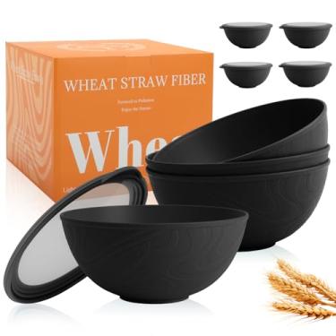 Imagem de Perlapoc Tigelas de cereais inquebráveis de 1,134 g com tampas, conjunto de 4 tigelas de palha de trigo com padrão exclusivo, tigela de plástico reutilizável para cereal, sopa, salada e ramen