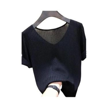 Imagem de Camiseta Feminina Slim Fit com Decote V - Manga Curta (Azul, Preto, La