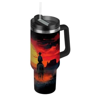 Imagem de Blueangle Copo cowboy americano de 1,134 g com alça e tampa de palha, caneca de viagem de aço inoxidável isolada a vácuo de parede dupla, garrafa de água reutilizável para academia de escritório ao ar