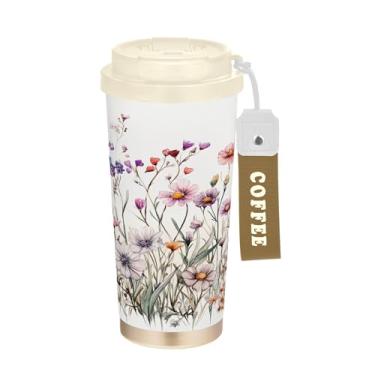Imagem de SEHANY Caneca de viagem colorida de ervas silvestres de 500 ml Copos de café reutilizáveis revestidos de cerâmica com tampa à prova de vazamento, parede dupla, isolamento a vácuo, copo de café de aço