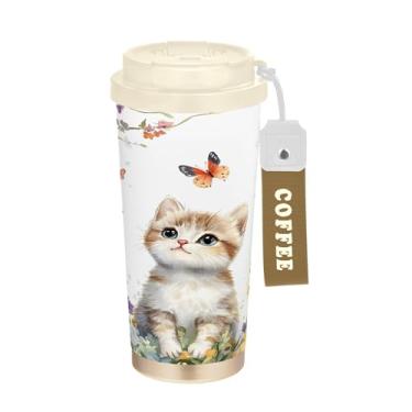 Imagem de SEHANY Caneca de viagem de gato gatinho fofo de 482 g xícaras de café reutilizáveis revestidas de cerâmica com tampa à prova de vazamento, parede dupla, isolamento a vácuo, copo de café de aço