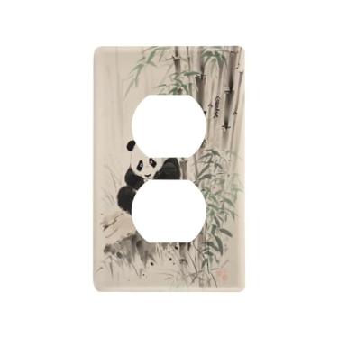 Imagem de Blueangle Placa de parede dupla de bambu panda chinês, tamanho padrão, placas de cobertura de tomada elétrica de 1 gangue para decoração de quarto de escritório em casa, 4,53 x 2,76 polegadas (206)