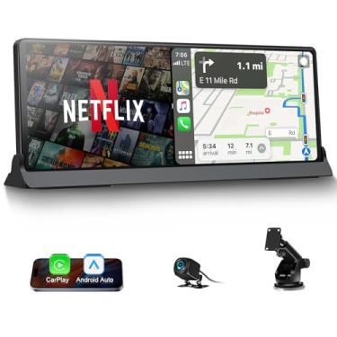 Imagem de Tela Carplay de 10,25 polegadas para carro com Netflix YouTube e câmera de backup para iPhone Android, caixa de entretenimento de vídeo sem fio, atualizada, sem fio, aplicativos integrados, controle